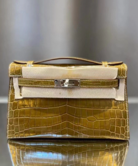 에르메스 켈리 포쉐트 브라운 금장 샤이니 악어가죽